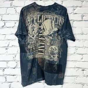 Affliction Mens XL Live Fast Skull Top Hat Graphic Gray Short Sleeve Shirt Y2k
